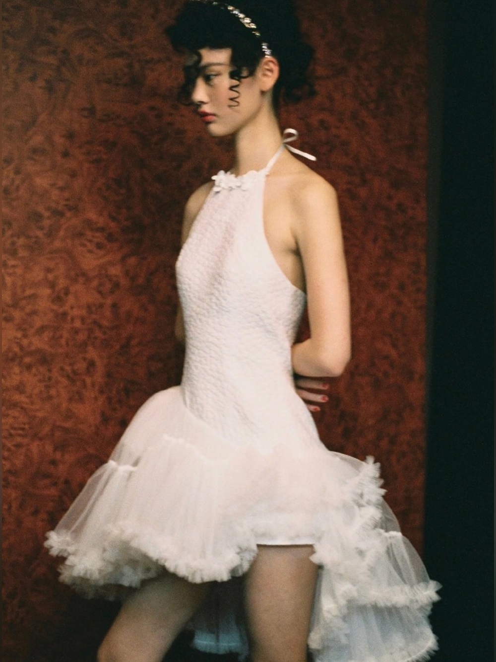 Shushu/Tong White Asymmetric Tulle Dress Halter Ruffle UK 10 M